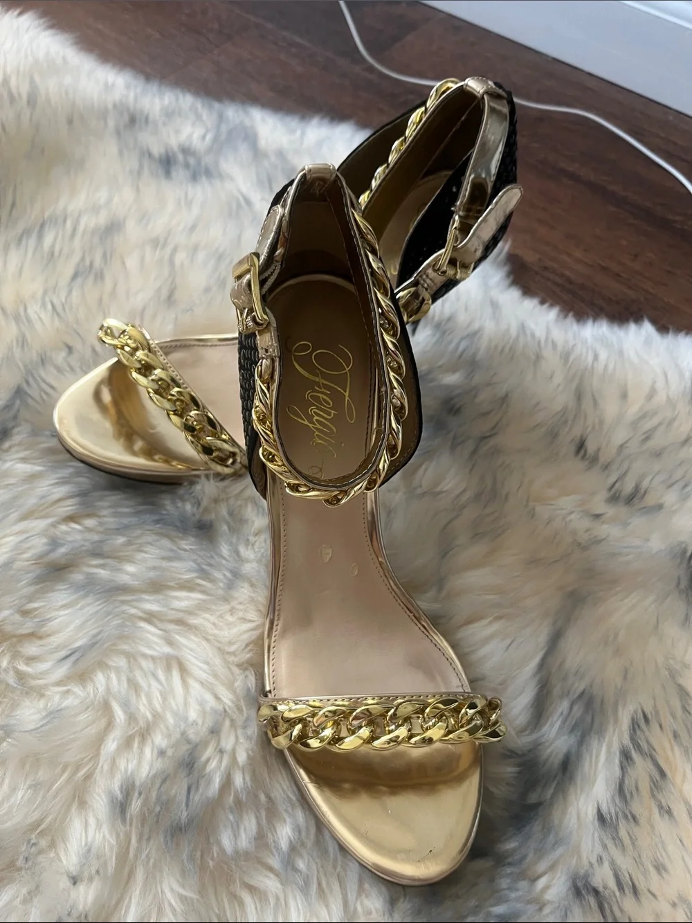 Fergie Gold Chain-Trim Ankle Strap Heels